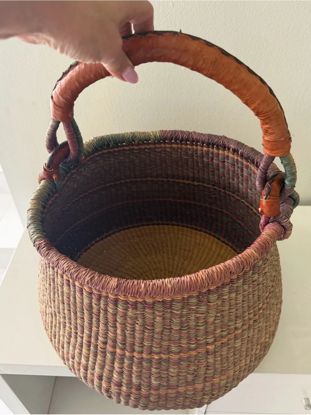 Handwoven Bolga Storage Basket in Brown and Green with Wrapped Handles